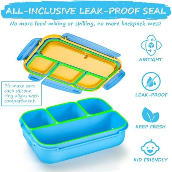 Leakproof bento lunch box 4 compartment with utensils sauce cup for kids adults - Picture 5 of 8